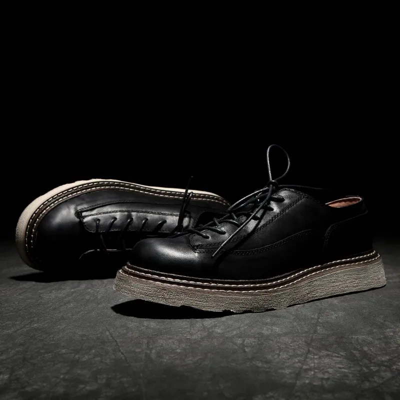 Fashion Men Autumn Business Round Toe Dress Shoes 100% Genuine Leather Shoes England Style Vintage Lace Up Platform Shoes