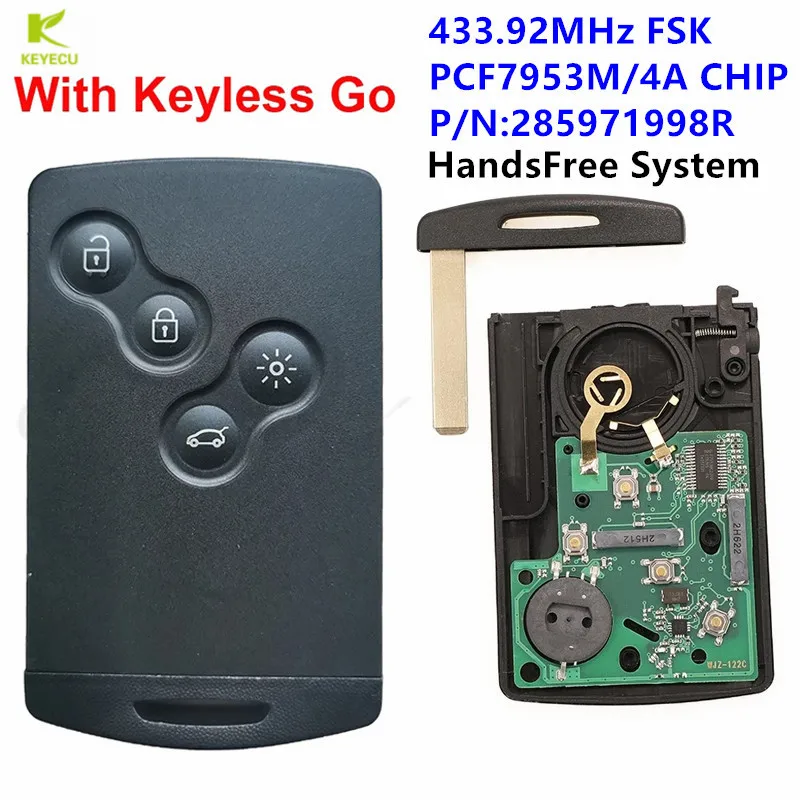 KEYECU Replacement 433MHz 4A PCF7953 Chip Passive Keyless Go Entry Remote Smart HandsFree Key Card For Renault Clio IV Captur