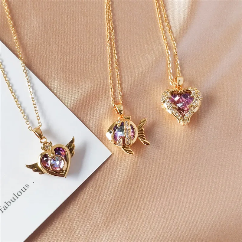 New Design Color Zircon Pendant Necklace Stainless Steel Chain Heart Fish Charms Choker Jewelry Gifts For Women Girls