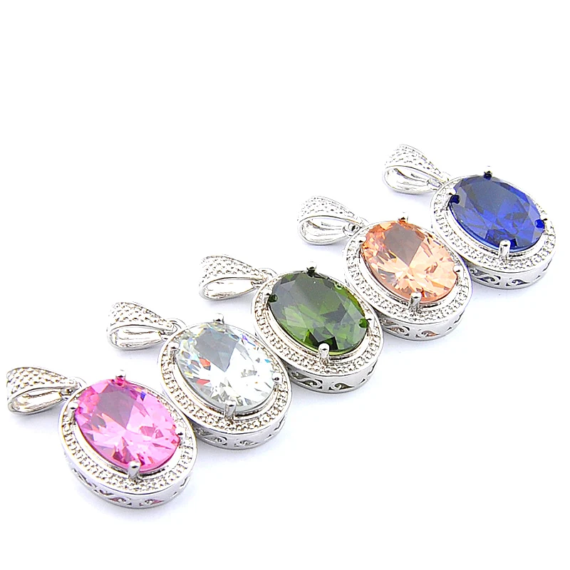 

Big Offer MIX 5 PCS Holiday Gifts Oval Cut Fire Pink Topaz Morganite Topaz Peridot Gemstone Silver Necklaces Pendants