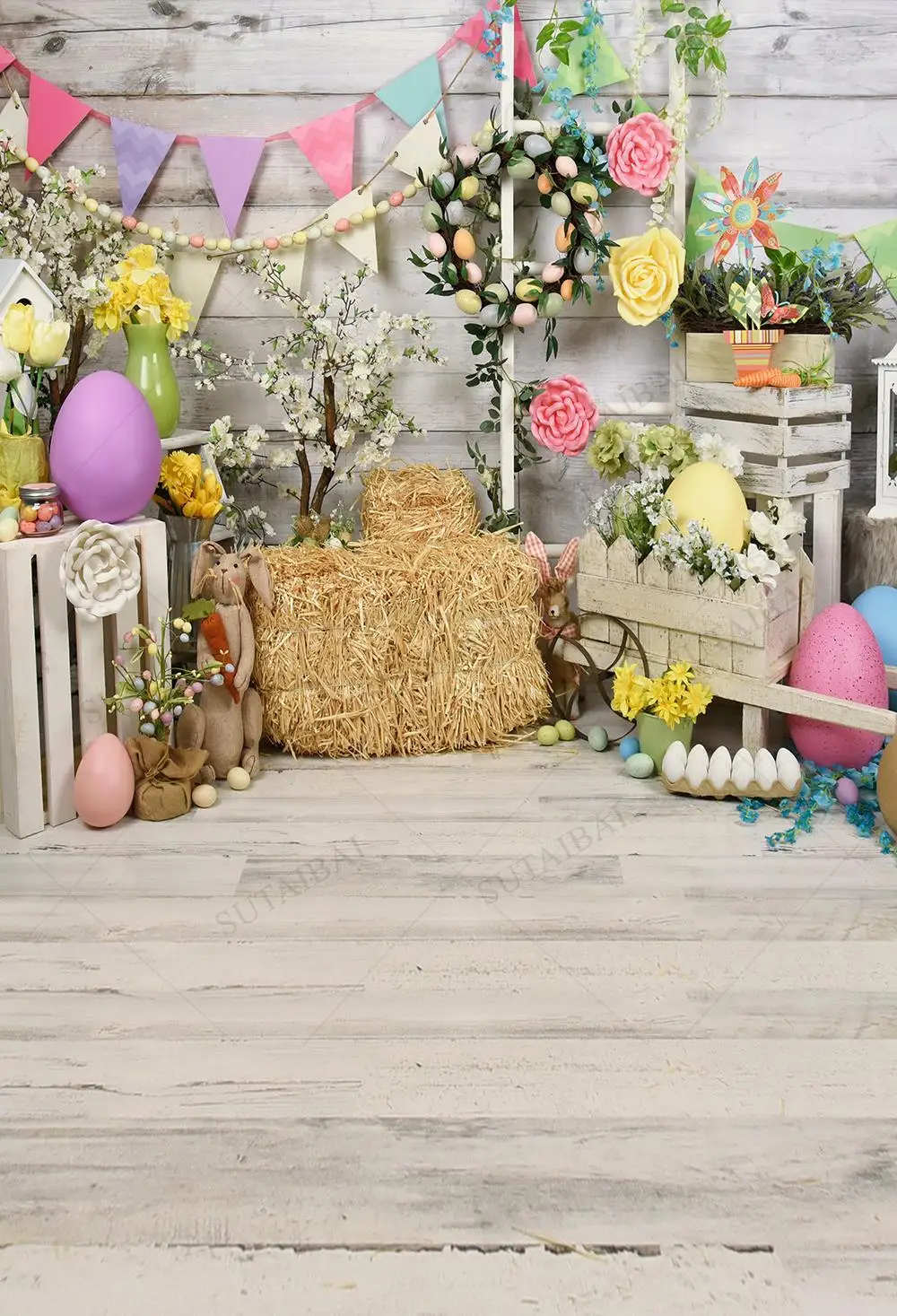 Spring Landscape Background Easter Eggs Hay Wood Floor Wreath Newborn Birthday Party Flower Photo Background