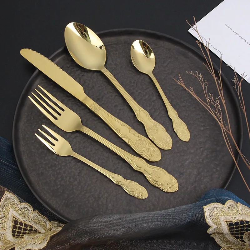 

Retro gold pattern stainless steel tableware cutlery set of five dinner set plates and dishes dinnerware set