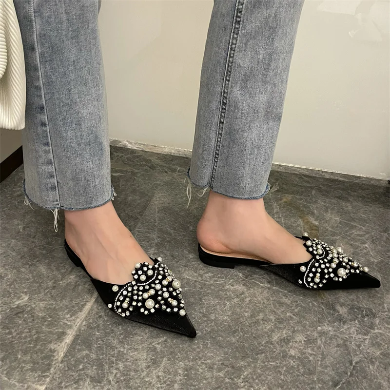 Pointed Toe Women Slippers Slides Lace Pearl Crystal Flats Heeled Black White Shallow Slip On Mules Shoes Slides Party Sandals