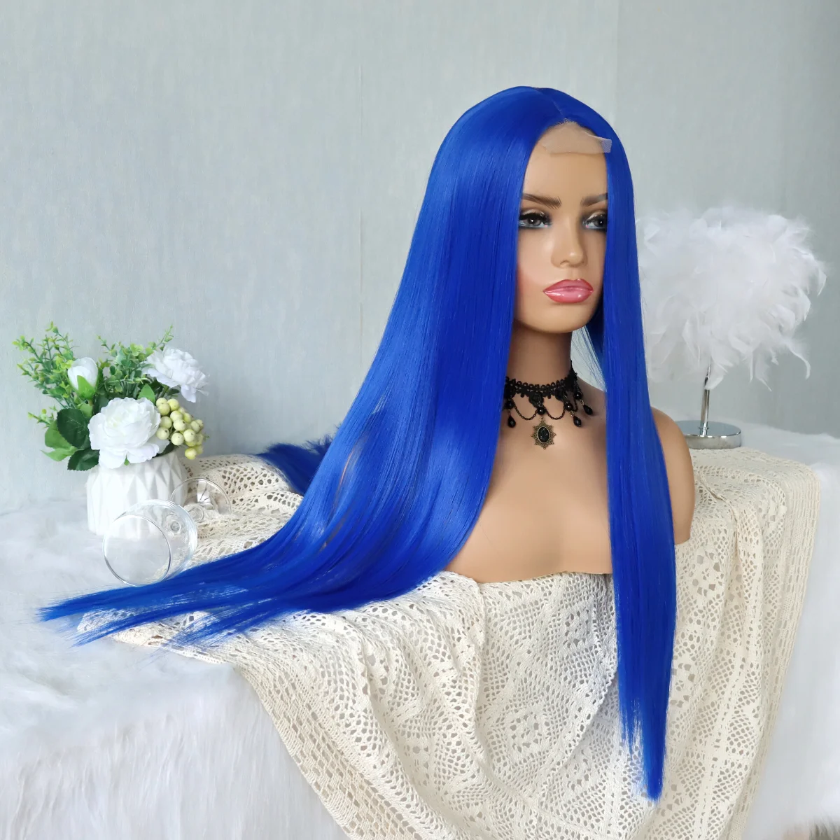 Bright Blue Synthetic Lace Wigs Long Silk Straight Bright Blue Wig with  High Temperature Fiber for Women Party Show