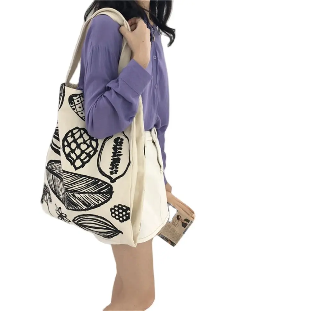 

Women's Leaf Flower Print Thick Canvas Bag Simple Large-Capacity Shoulder Bag Korean Portable Female Portable Shopping Bag 2024
