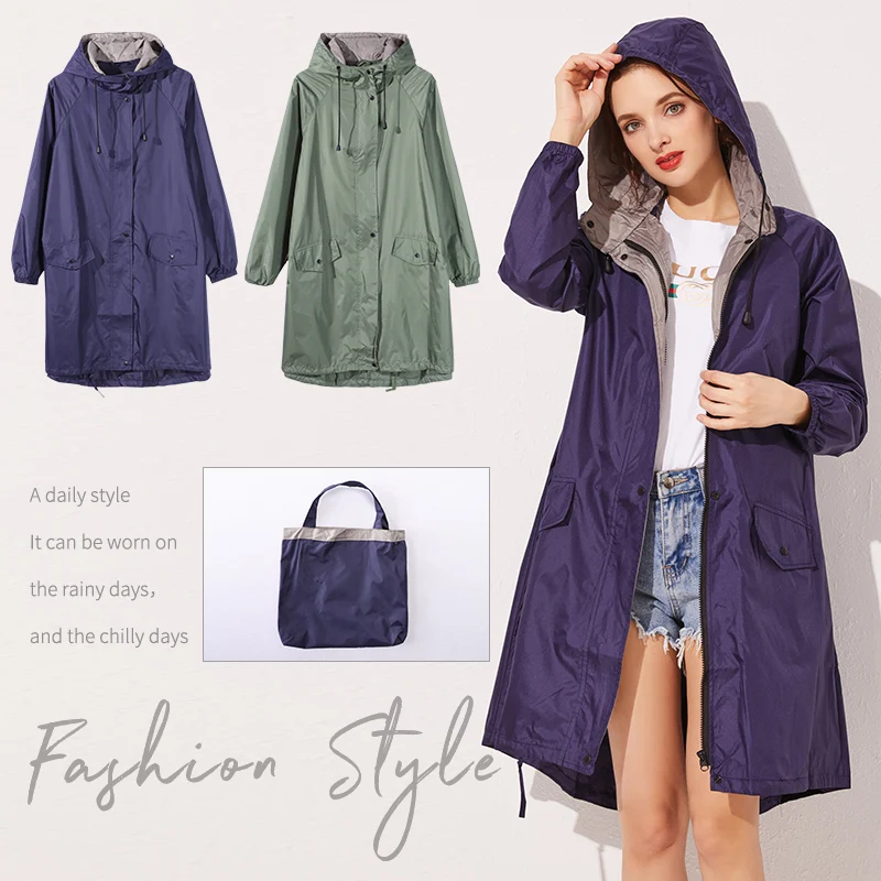 Womens Stylish Long Raincoat Waterproof Rain Coat Jacket with Drawstring Hood for Hiking Travelling Blue Green Color