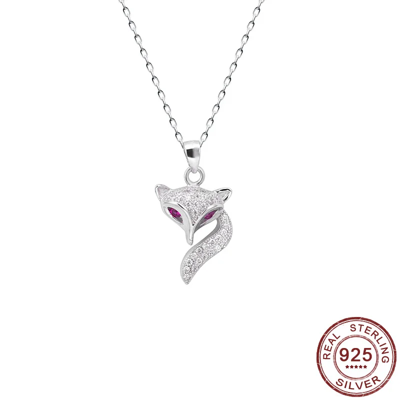 Fox Pendant Necklace Purple Crystal Eyes 925 Sterling Silver Cubic Zirconia Fashion Bridal Wedding Jewelry Women Accessories New