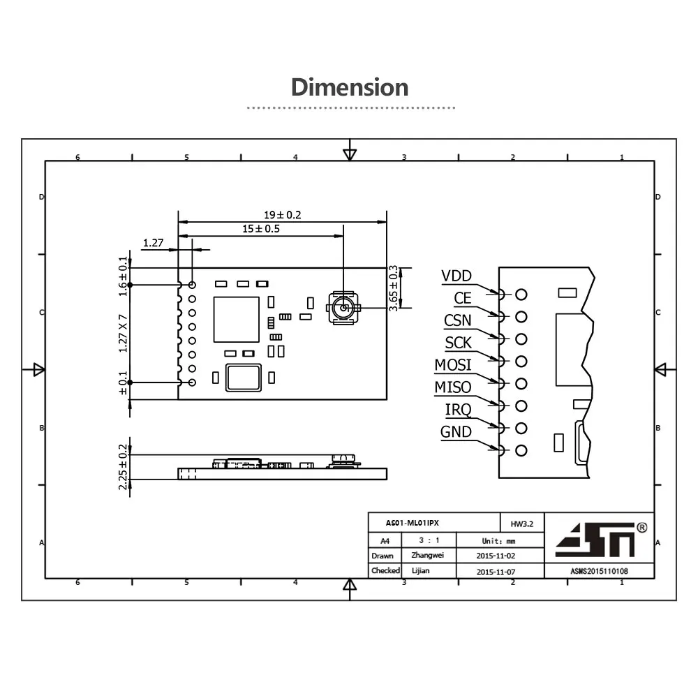 AS01-ML01IPX 0dBm 1mW 200m 2.4ghz Nrf24l01 Low Cost Radio Spi Rf Transceiver Module