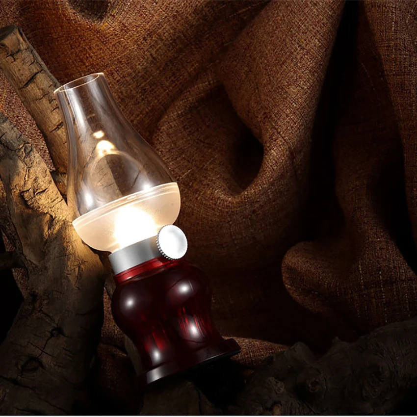 USB Rechargable LED Blowing Control Kerosene Candle Lamp Portable Night Light Desk Lamp Dimming Knob for Home Camping Barbecue