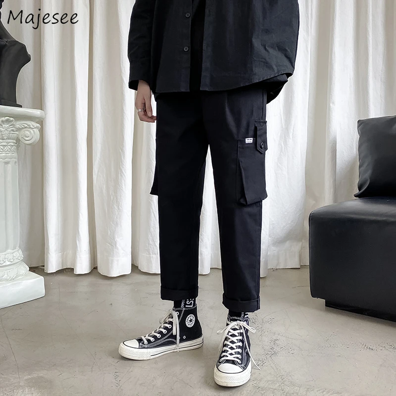 

Casual Cargo Pants Men Loose Fashion Safari Style Pockets Techwear Solid Simple Leisure Spring All-match Korean Hombre Trousers