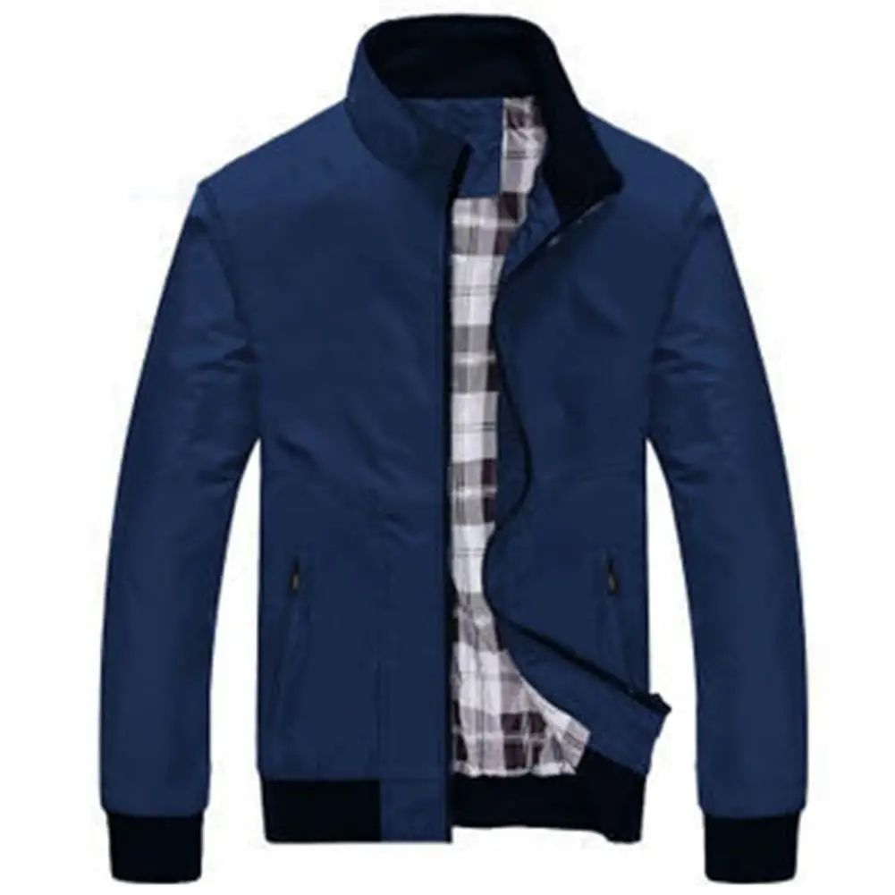 Men Coat Solid Color Stand Collar Pockets Elastic Cuff Spring Jacket for Daily Wear