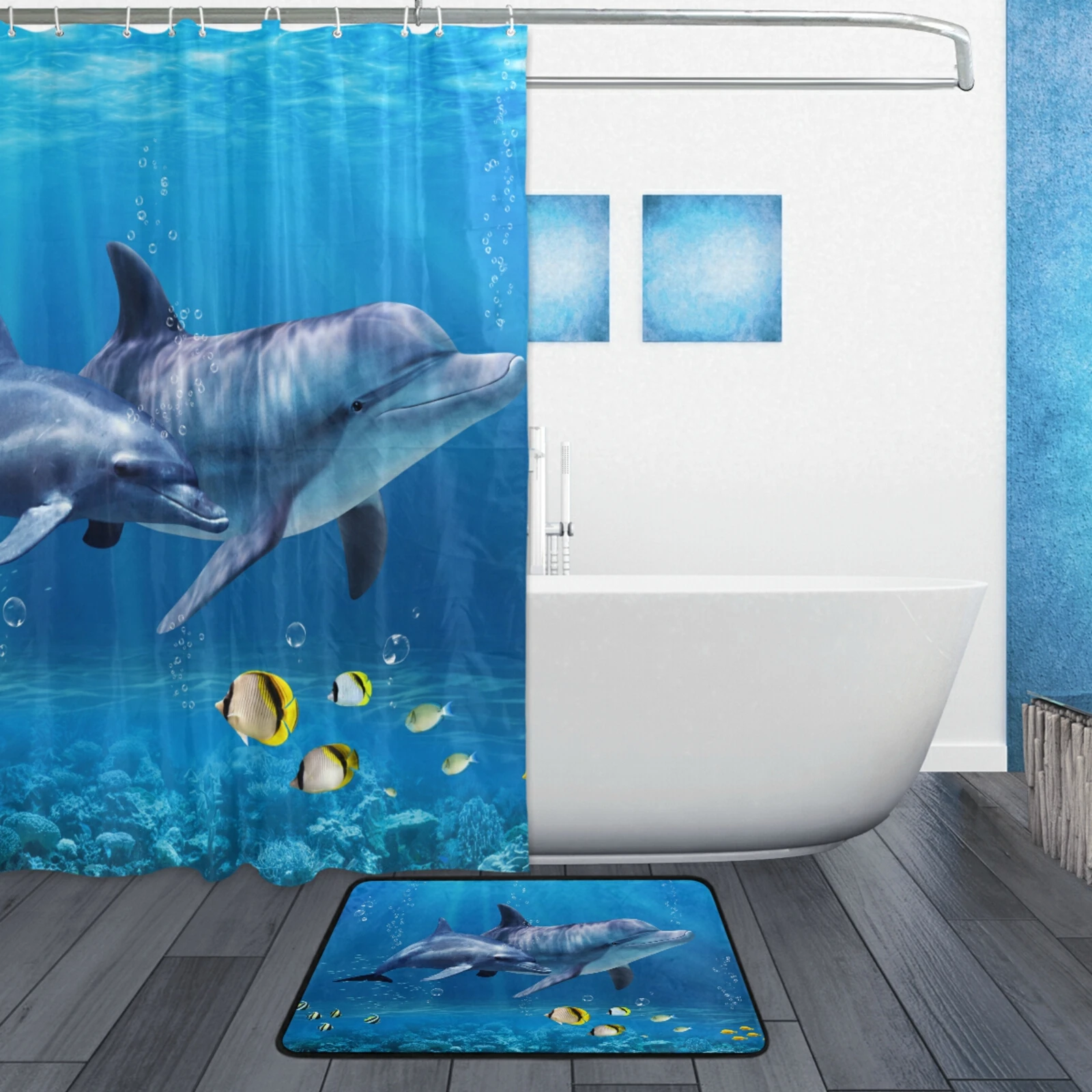 2 Pieces Set Bathroom Supplies Ocean Dolphin Deep Sea Waterproof Polyester Fabric Shower Curtain Non-Slip Bath Mat Carpet Set