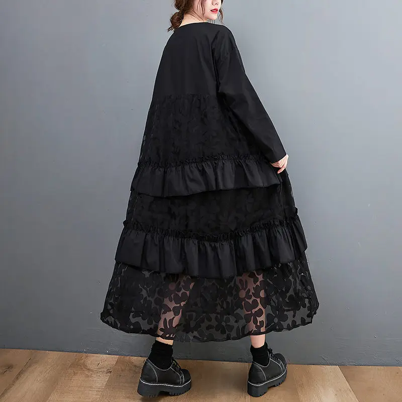 Large Fall Clothes For Women Loose Long Dress Mesh Splicing Temperament Cake Dress Casual Black Full Sleeve Robes M774