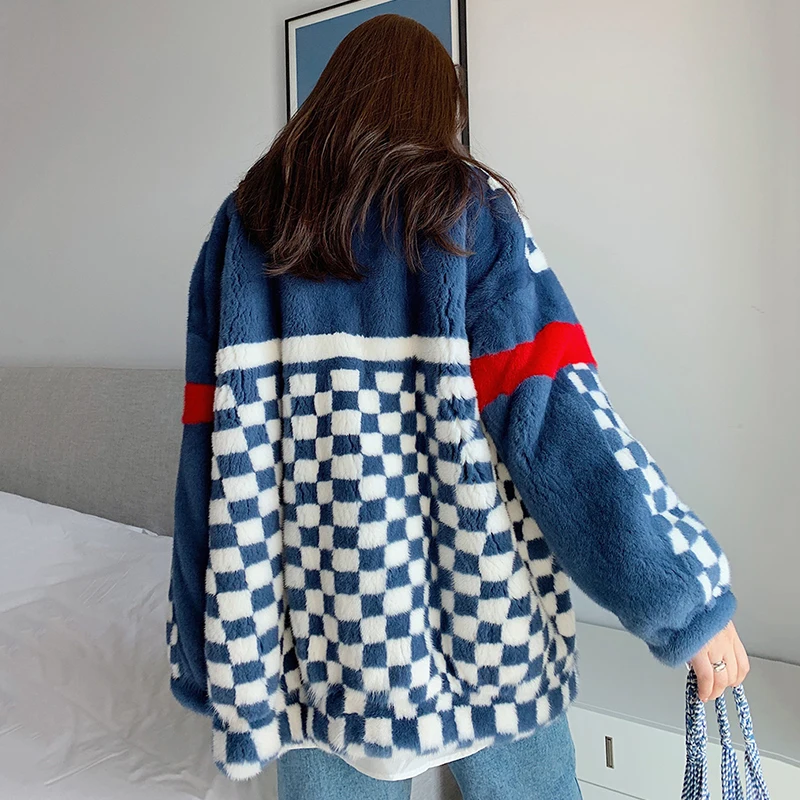 Ftangaiur 겨울 수입 벨벳 밍크 퍼 코트 만다린 칼라 체크 무늬 컬러풀 밍크 코트 여성용 중간 길이 리얼 밍크 퍼 코트