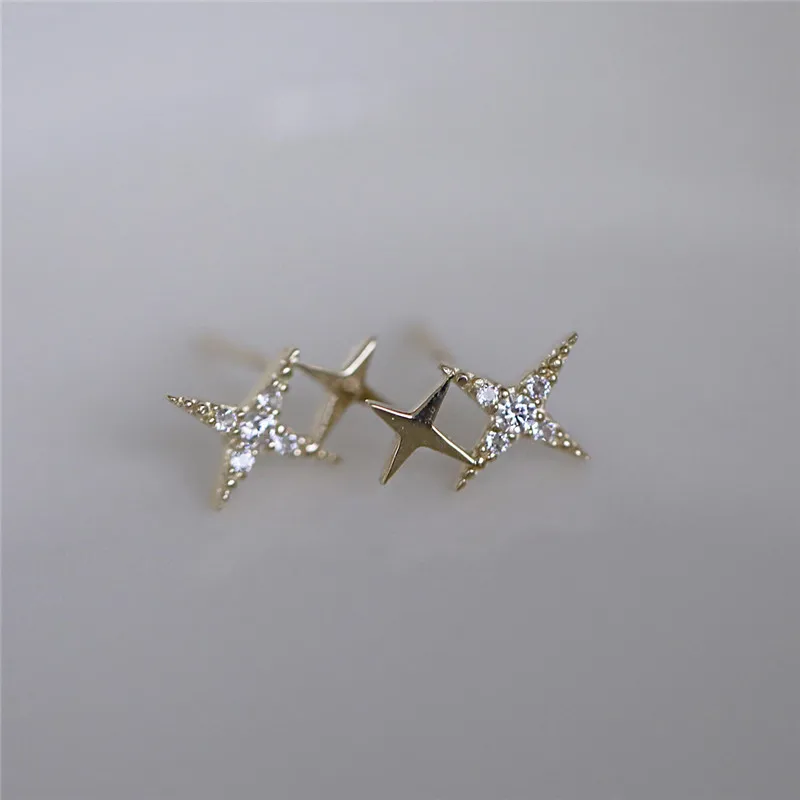 925 Sterling Silver Japanese Micro Inlaid Crystal Four-Pointed Star Plating 14k Gold Earrings Women Small Cute Banquet Jewelry