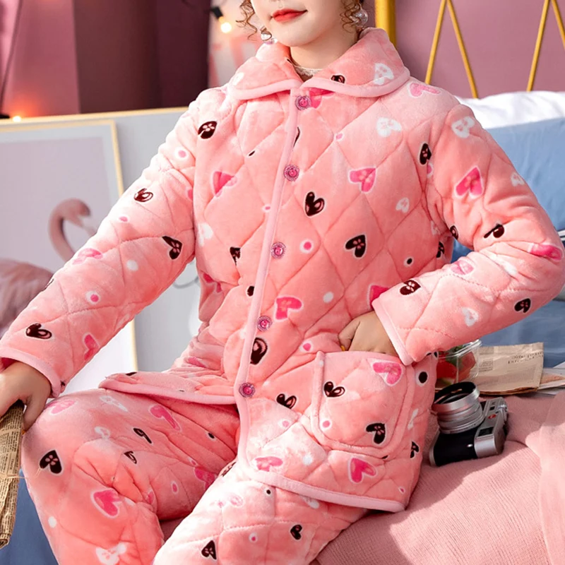 Winter Warm Women\'s Pajamas Suit Thick Velvet Button Pajama Woman Sets Sleepwear Nightwear 2Pcs Home Clothes Nightgowns Female