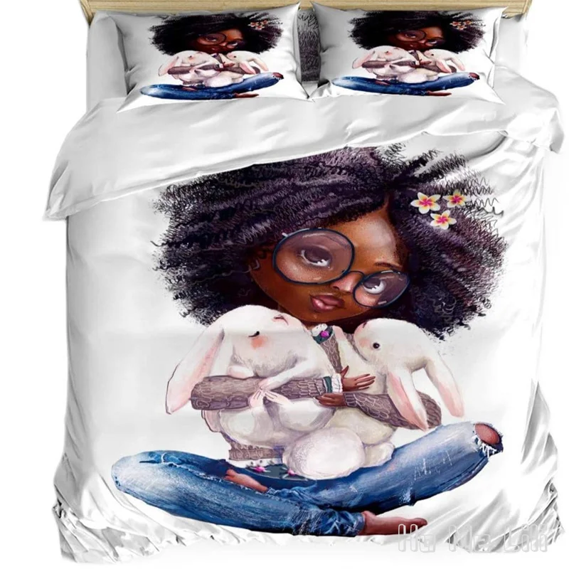 

African Black Girls By Ho Me Lili Duvet Cover Set Cartoon Cute Rabbit Animal Bedding For Kids Teens Women Bedroom