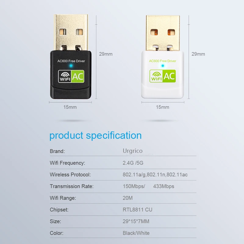 USB Wi-Fi адаптер Urgrico, 600 Мбит/с, 2,4 ГГц, 5 ГГц