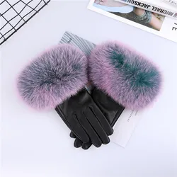 Real Sheepskin Fox Fur Gloves Women's Genuine Leather Glove Winter Warm Fashion Style Natural Fluffy Fox Fur Oversized Customize