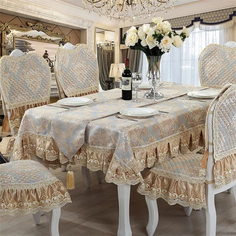 8Pcs/Set European-Style Luxury Lace Embroidery Tablecloth Table Runner Chair Cover Cushion Set, Noble And Elegant, Home Boutique