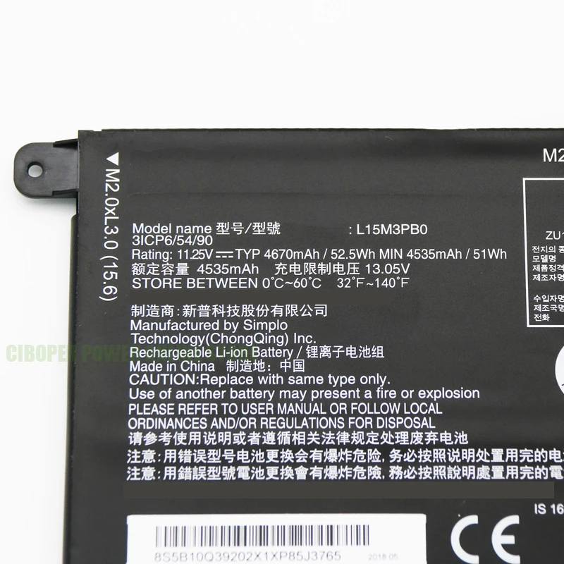 CP Genuine Laptop Battery L15M3PB0 L15L3PB0 11.25V/52.5Wh For 7000 Seres 320S-14IKB Flex 4 1470 1570 1480 Yoga 510-14isk Series