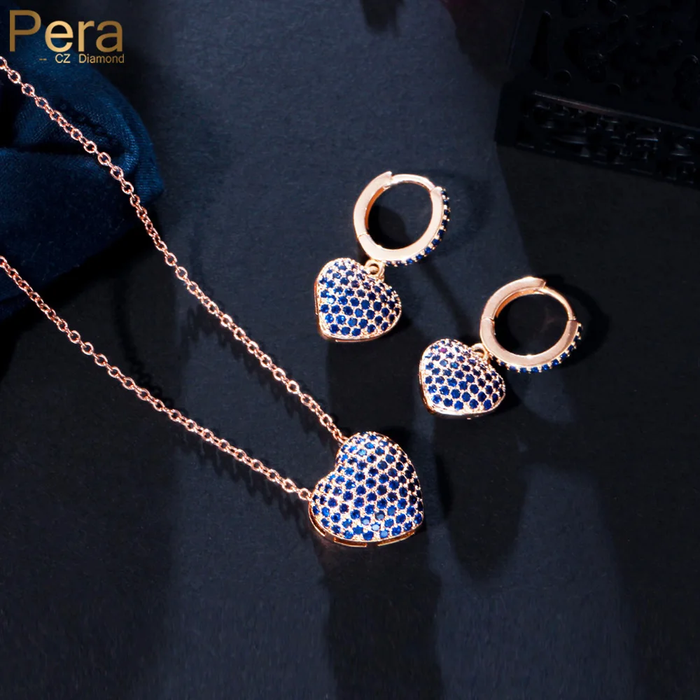 Pera Cute Love Heart Shape Pendant Micro Full CZ Stone Pave Necklace Earring Set for Lovers\' Anniversary Party Jewelry Gift J512