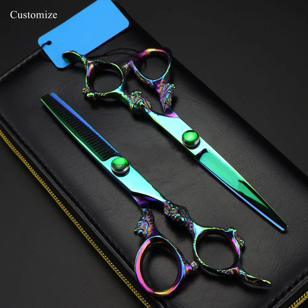 Ciseaux à cheveux dragon vert avec logo personnalisé, acier JP 440c, coupe de cheveux, coupe d\'amincissement, adaptateurs de coiffeur, coiffure, 6