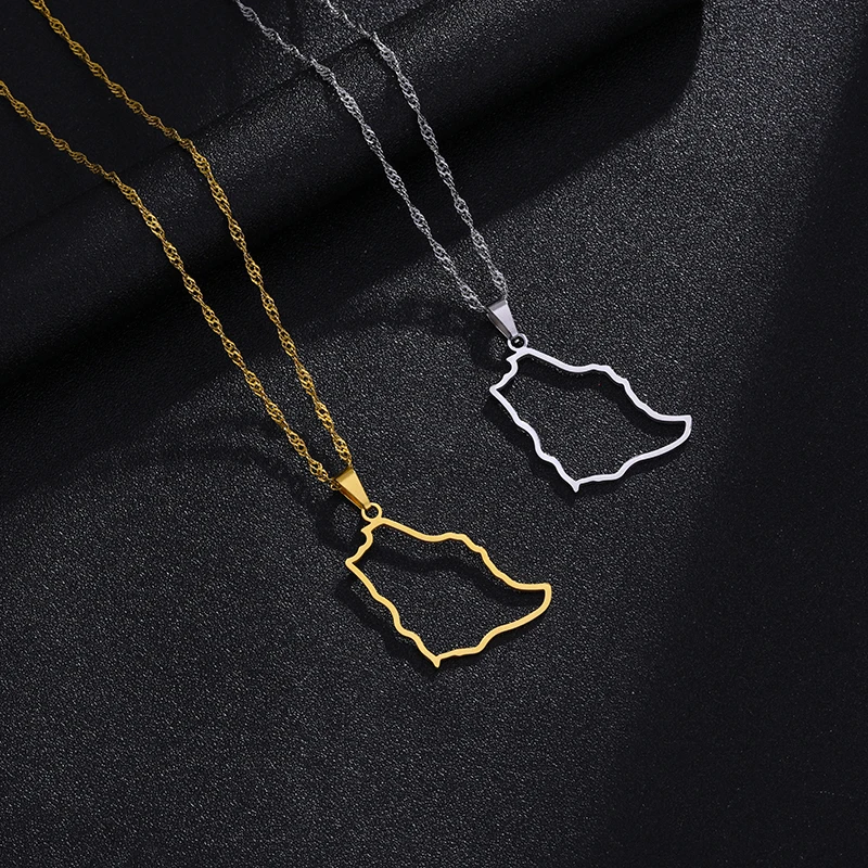 Saudi Arabia Contour Map Gold Color Charm Pendant Necklace Kingdom of Saudi Arabia Stainless Steel Jewelry Women Girls Gift