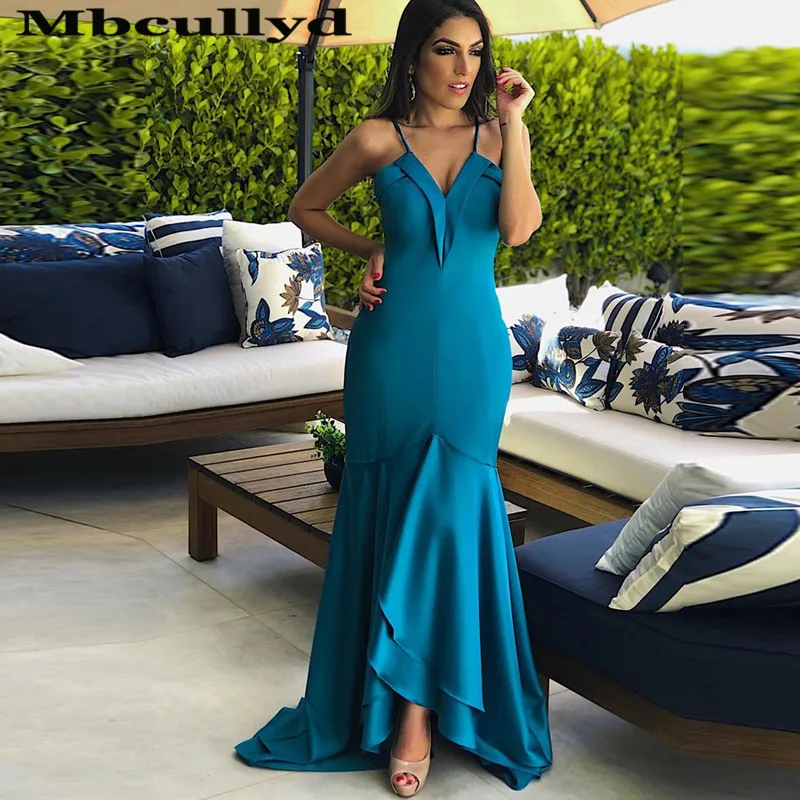 Mbcullyd Hi-low حورية البحر فساتين سهرة طويلة 2023 السباغيتي الأشرطة فساتين حفلات للنساء حجم كبير Vestidos De Fiesta حجم كبير