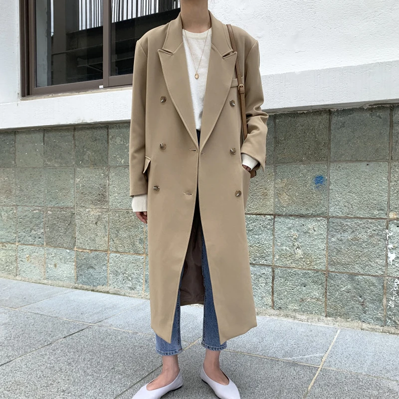 

thick Women Trench Coat Jacket vintage Blend Coats korean long solid Outwear woolen clothes woman Overcoats Winter 2021 clothes