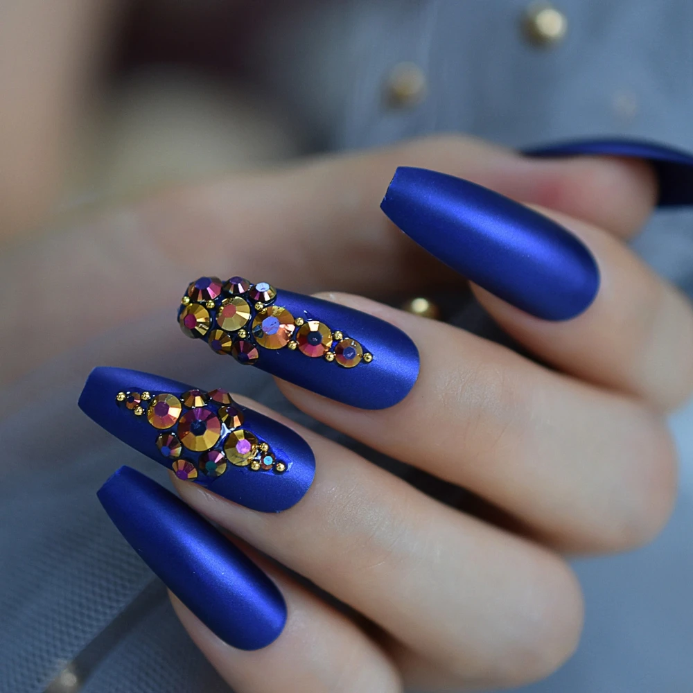 

Long Matte Royalblue Attractive Nail Art Tips 3D Diamond Unique Full Fingernails Customize Luxury Press On Nails 24PCS