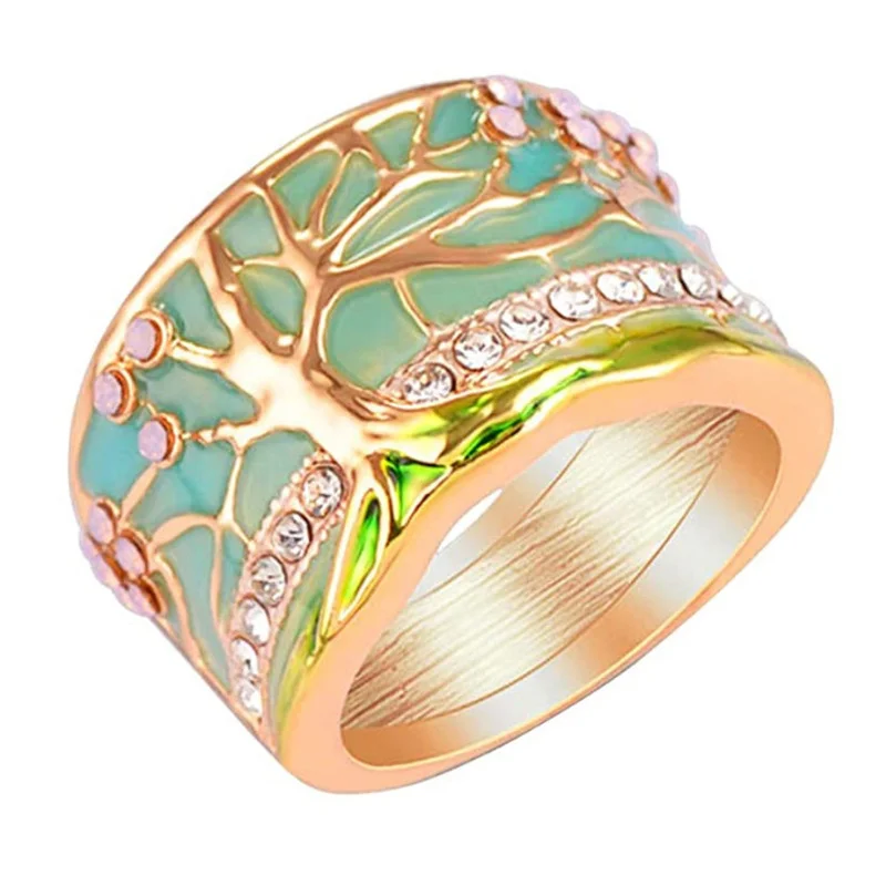 

AMORUI Tree of Life Rings For Women Girlfriend Vintage Lucky Flower Pink Opal Green Enamel Wide Ladies Rings