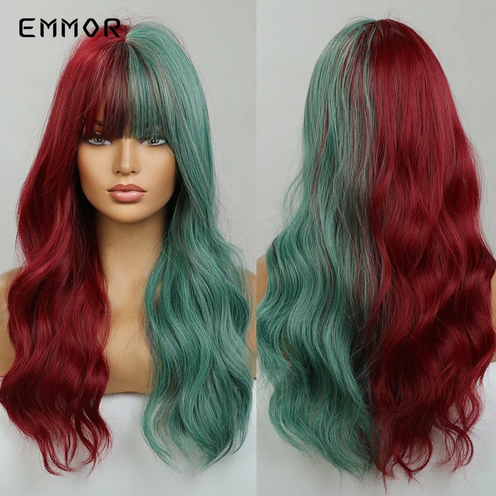 

Emmor Cosplay Wigs One Half Green One Half Red Party Hair Wig for Women Natural Heat Resistant Fiber Lolita Wigs Halloween Wig