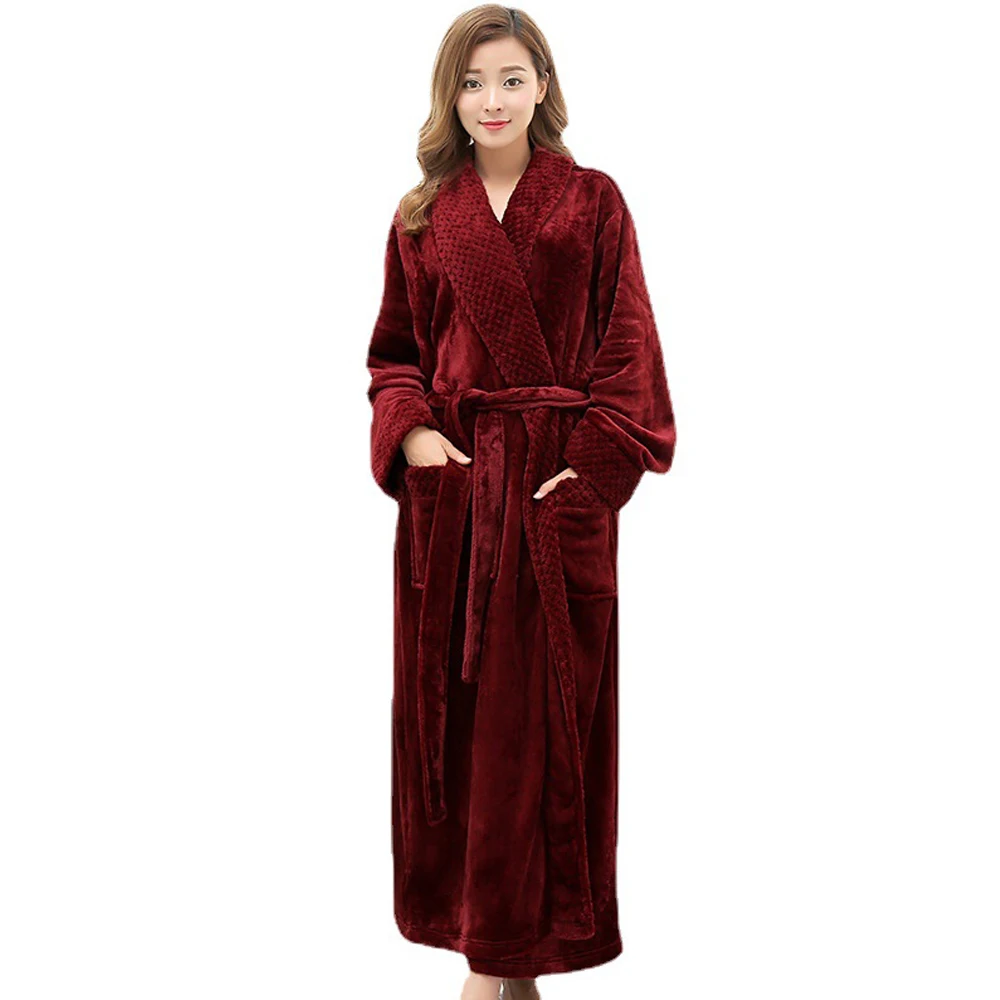 Women Men Thermal Luxury Flannel Extra Long Bath Robe Winter Sexy Grid Fur Bathrobe Warm Kimono Dressing Gown Bridesmaid Robes
