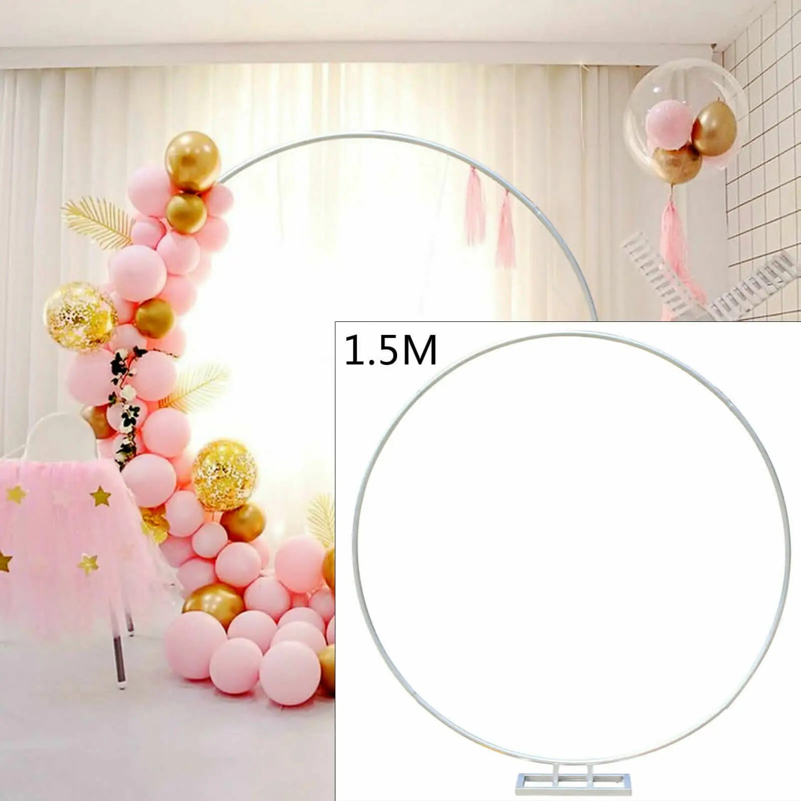 1.5M Round Wedding Arch Metal Background Stand with Base Backdrop for Decoration Silver