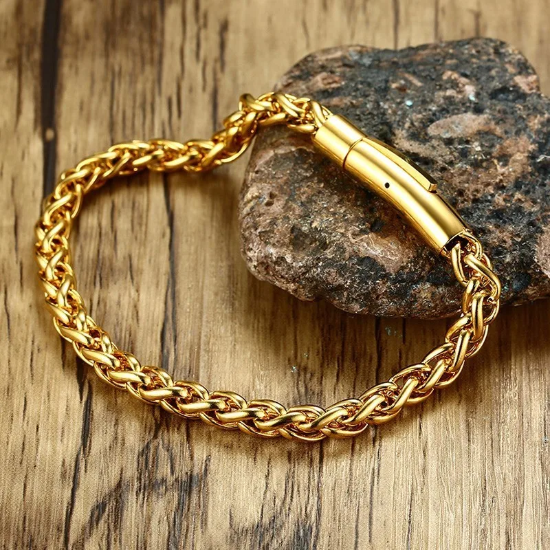 Men\'s Spiga Chain Bracelet Stainless Steel Round Box and Wheat Link Braslet Male Jewelry 8.5