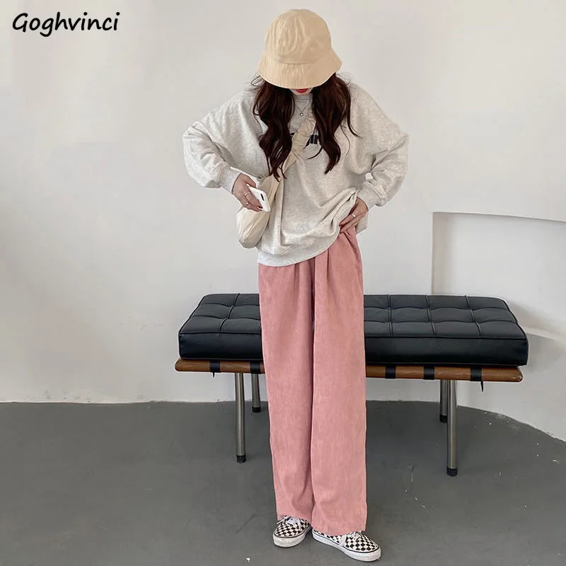 Casual Pants Women Wide-leg Autumn Corduroy Chic Loose All-match Pink Teens Korean Style Streetwear New Stylish Leisure Ulzzang