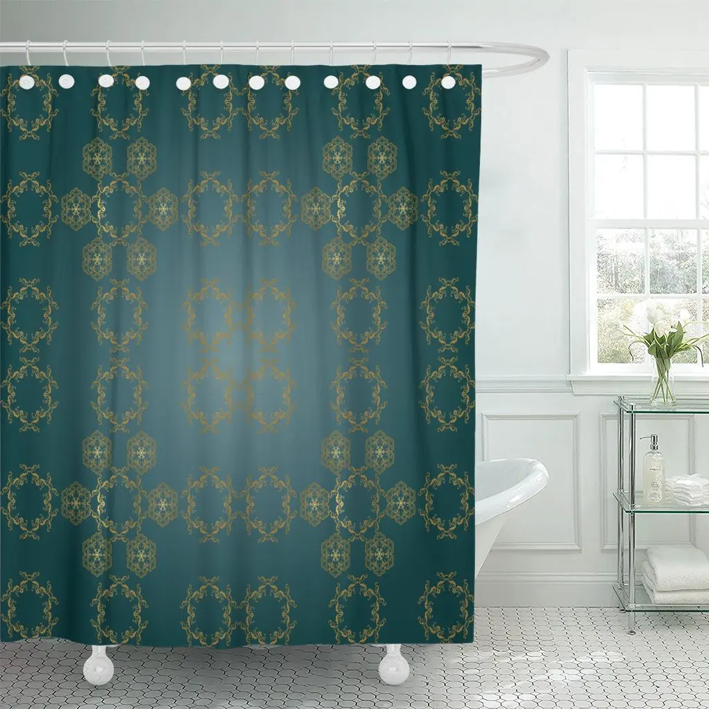 Asian Silk Patterns on Shades of Dark Teal Theater Shower Curtain Waterproof Polyester Fabric 60 x 72 Inches Set with Hooks