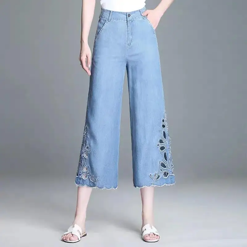 2023 Summer Autumn New Micro Horn Women\'s Leg Pants Ladies Denim Cropped Pants High Waist Drape Hollow Fashion Blue Jeans