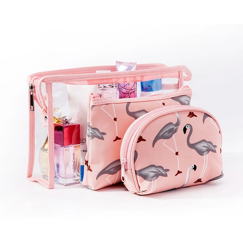 

Waterproof Transparent Cosmetic Bag Set 3pcs Flamingo Prints Lady Travel PVC Storage Makeup Wash Bag