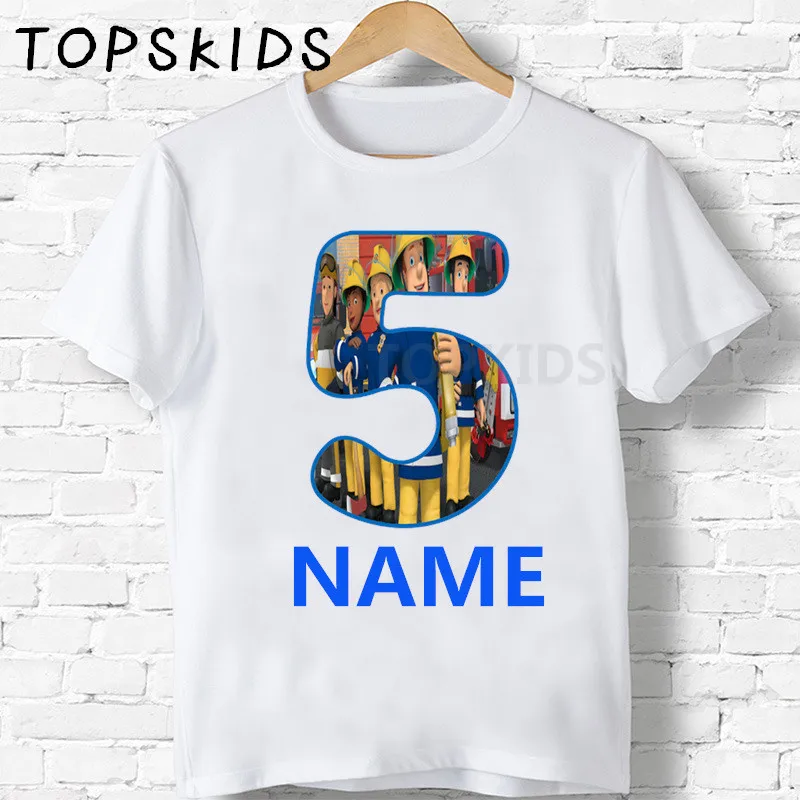 2020 Fireman Sam Cartoon Kids Clothes Baby Boys Happy Birthday Number 1~9 Party T shirt Girls T-shirt Children\'s Gift