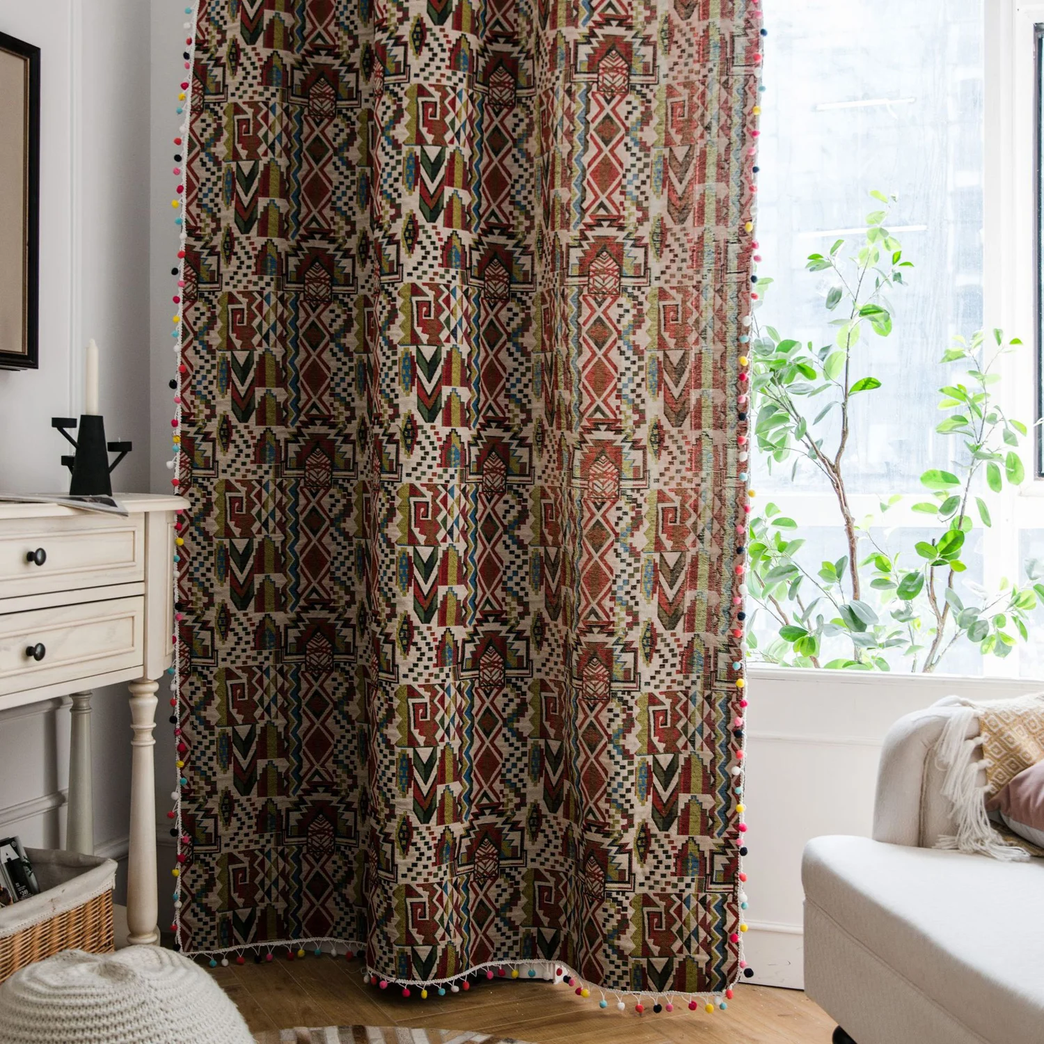 Cotton Curtain Panel with Tassels for Living Room Bedroom Window Door Home Decoration Bohemian Badge Design 80% Blackout