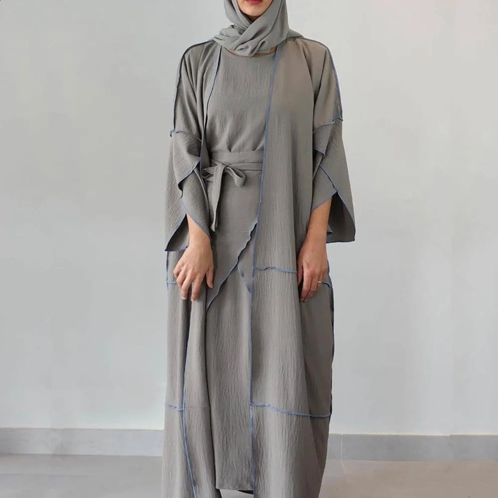 Gray Open Abaya Muslim Women Matching Set Kimono Cardigan Wrap Skirt Hijab Dress Islamic Clothing Eid Ramadan Jalabiya Kaftan