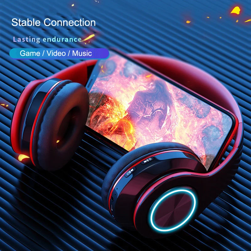 Foldable Wireless Headphones Gaming Headsets 3D Surround Gamer Wired Earbuds with 40mm Driver Shocking Bass Support TF Card LED