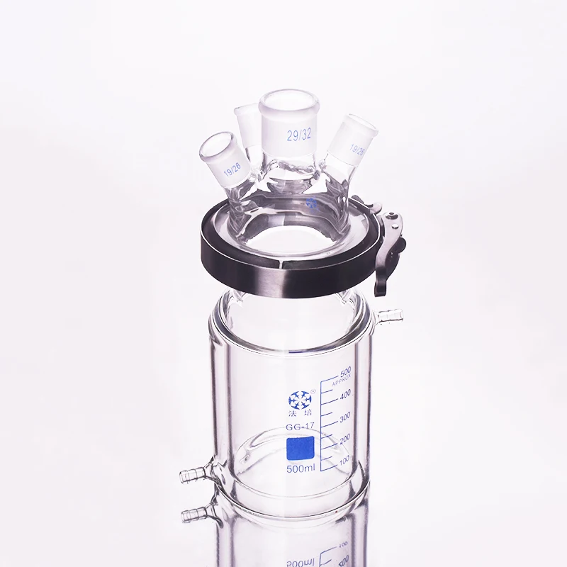 Double-layer cylindrical flat bottom open reactor bottle 500ml,100mm flange,With clip,Four oblique necks,Mid 29/32,Side 19/26