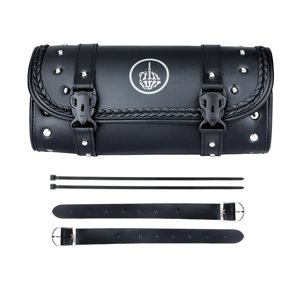 Universal Black PU Leather Tool Bags Skull Models Metal Buckles Roll Motorcycle Front or Rear Saddle Bag Storage Tool Pouch