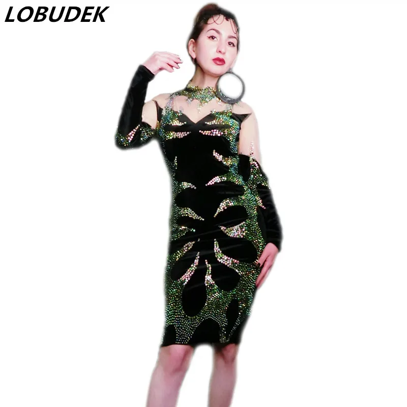 Sexy Velvet Beading Velvet Short Dress for Women Evening Party Prom Birthday Dresses Singer Stage Costume Photograph Wear