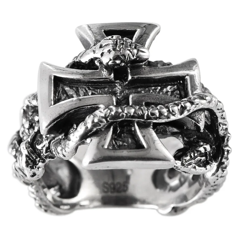 100% s925 sterling silver retro Thai silver European and American domineering thick men's python winding cross ring