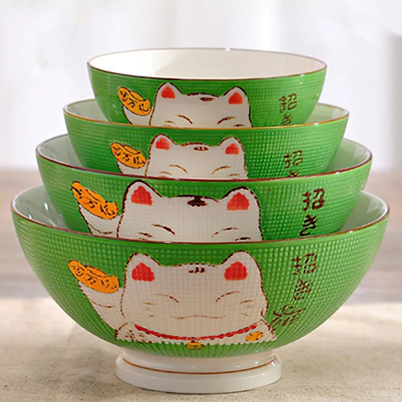 Ceramic High Bowl Multi-Sized Colorful Lucky Cat Soup Bowl Salad Bowl Underglaze Kitchen Household Tableware Children\'s Couple