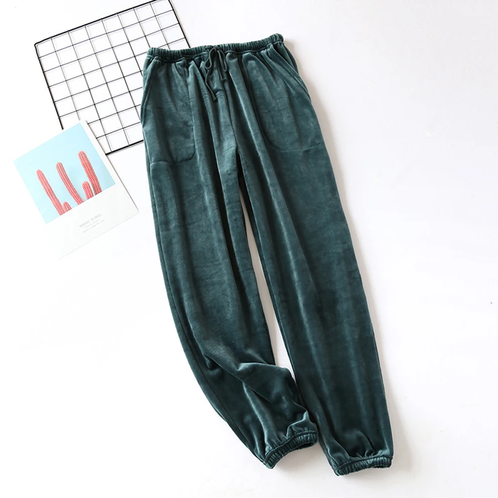 Pantalones de pijama de felpa para hombre y mujer, ropa de casa con cintura elástica suave, color liso, para otoño e invierno, 2020